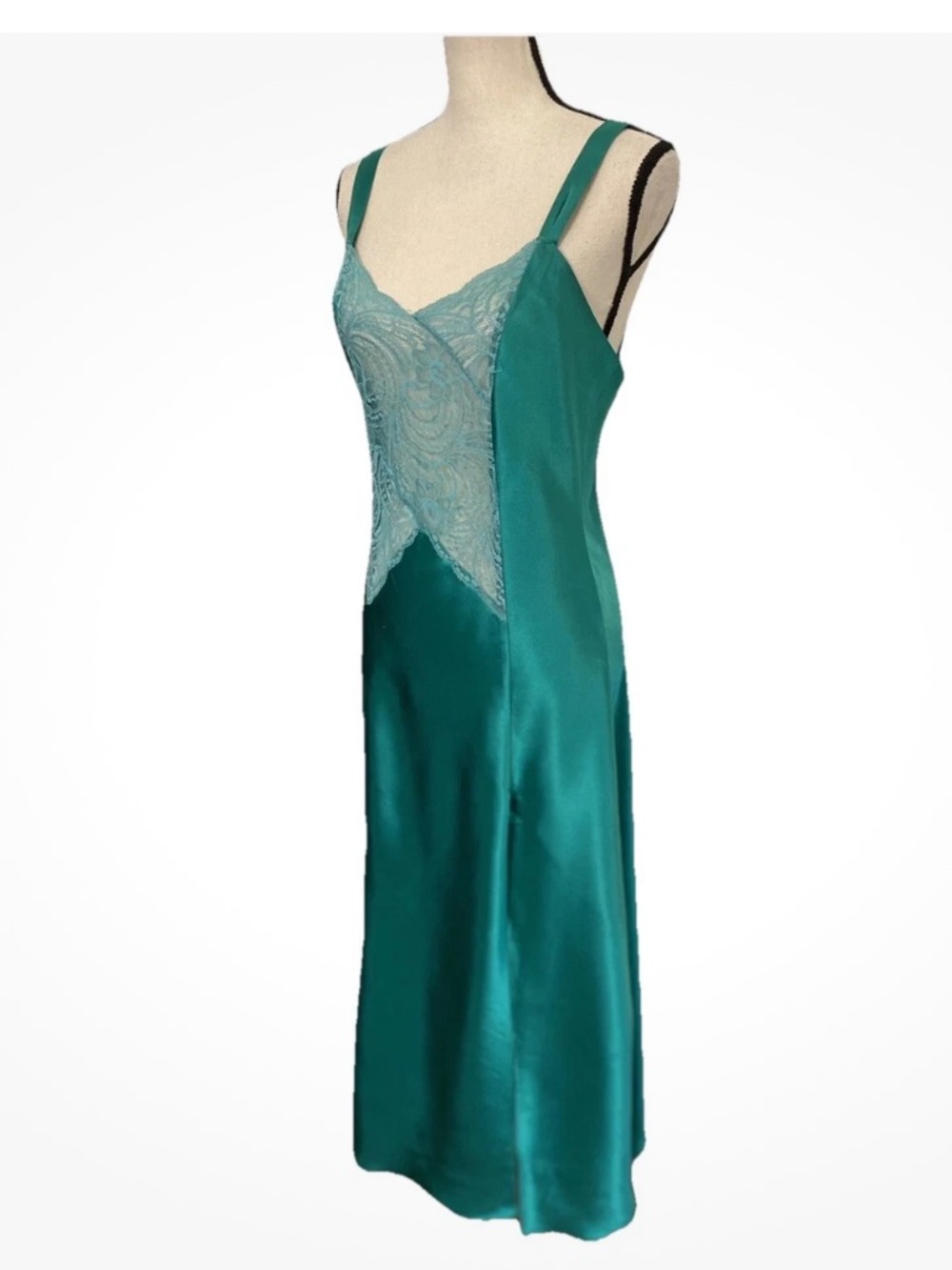 Vintage Victoria Secret Elegant Nightgown Silky Emerald Green Lace Front GL SM
